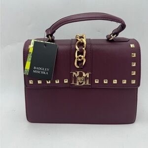 Badgley Mischka Plain Grain Crossbody With Chain And Studs On The Cover-Plum NEW